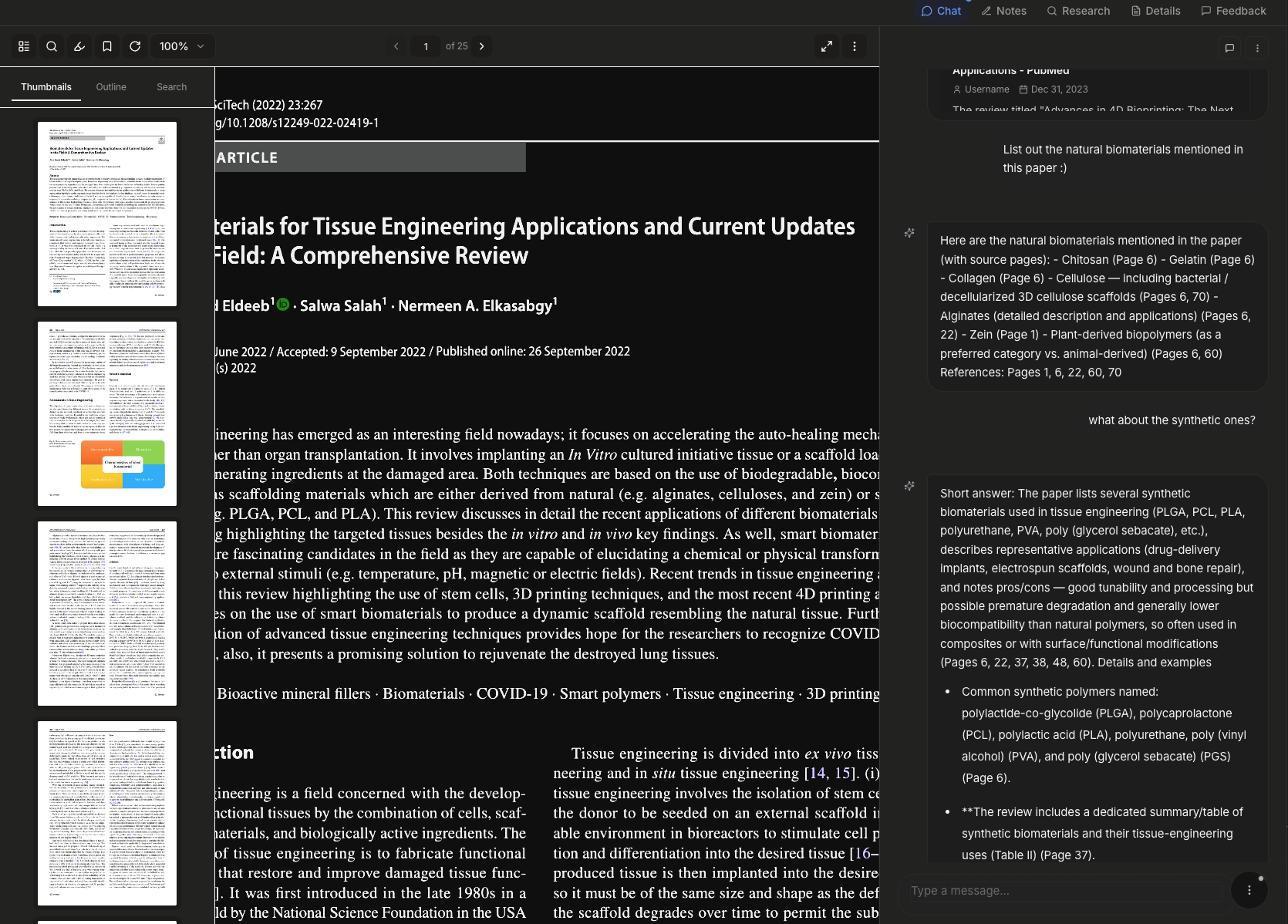 Zoomed view of Serenoty assistant showing detailed responses with page references and citations from research papers